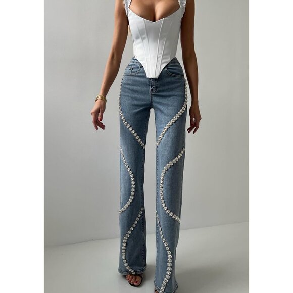 Women High Waist Jeans Rhinestone Trim Baggy Denim Pants Wide Leg Y2K - Picture 3 of 6